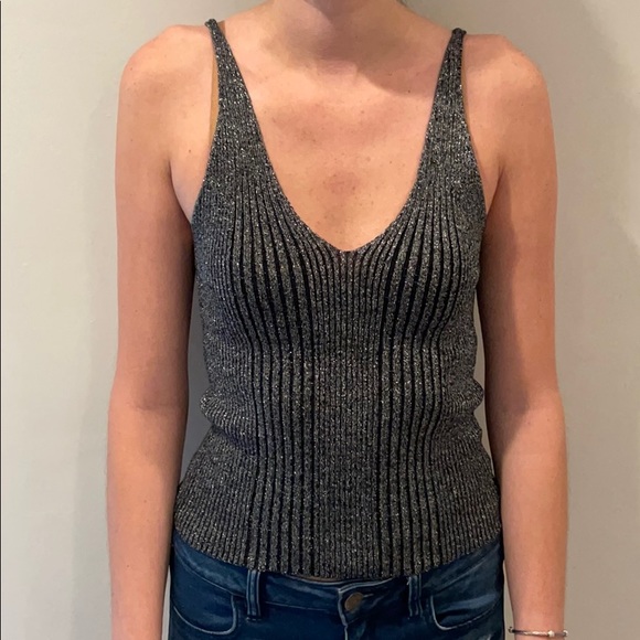 Forever 21 Shiny Black Metallic Knit Tank Crop Top - Picture 2 of 6